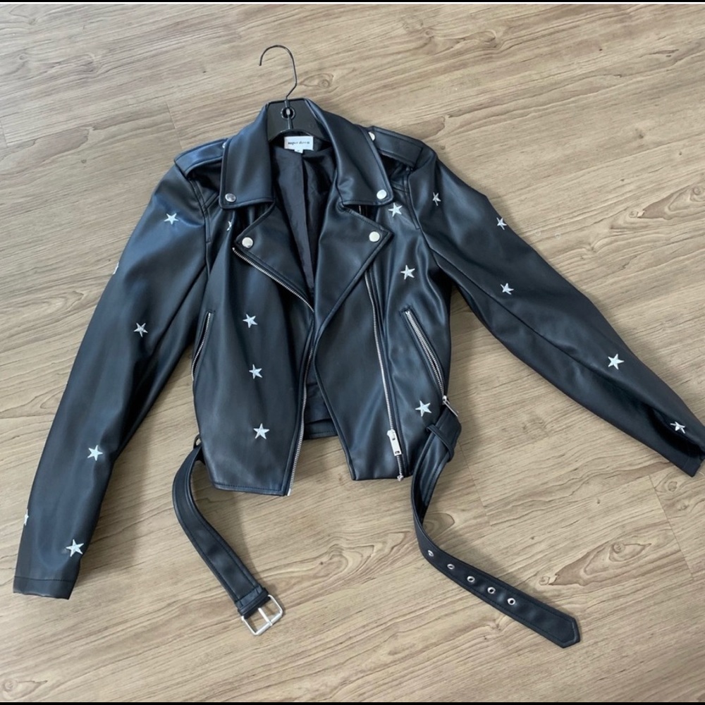 Superdown leather jacket with embroidered stars
